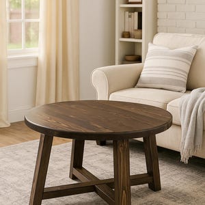 Round Rustic Wood Pine Coffee Table with Wood Legs, Cottagecore Traditional and Enduring Style