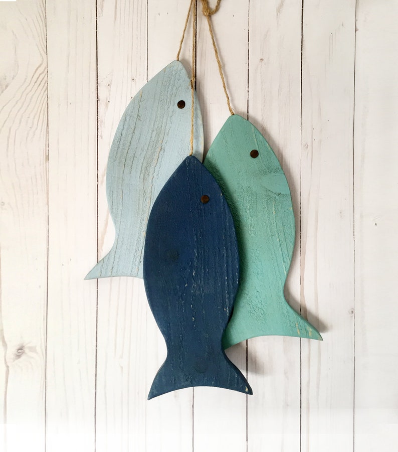 Rustic wooden fish, Wooden Rustic Fish, Painted String of Fish Wall decor, fishing gifts for men, beach house decor, lake house decor image 4