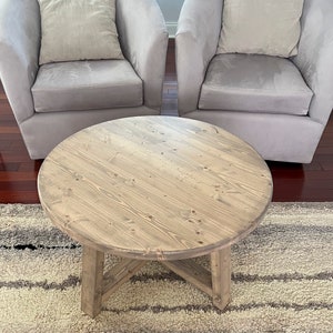 Round Rustic Wood Pine Coffee Table with Wood Legs, Cottagecore Traditional and Enduring Style