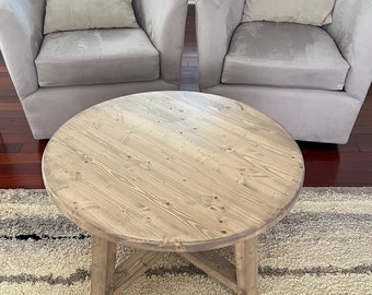 Round Rustic Wood Pine Coffee Table with Wood Legs, Cottagecore Traditional and Enduring Style