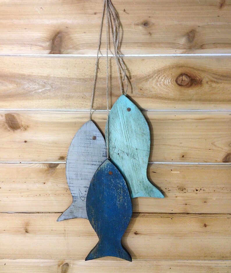 Rustic wooden fish, Wooden Rustic Fish, Painted String of Fish Wall decor, fishing gifts for men, beach house decor, lake house decor image 2