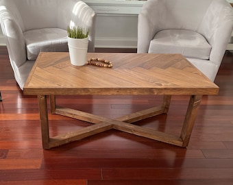 Rustic Wood Coffee Table with Herringbone Pattern and Wood Legs