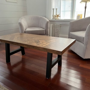 Rustic Herringbone Coffee Table with Chunky Metal Legs modern farmhouse style, rustic decor image 5