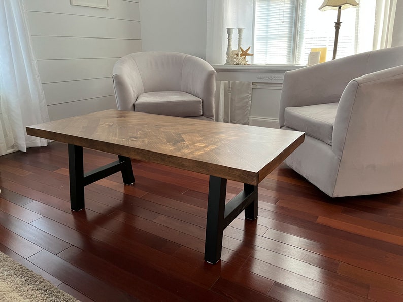 Rustic Herringbone Coffee Table with Chunky Metal Legs modern farmhouse style, rustic decor image 5