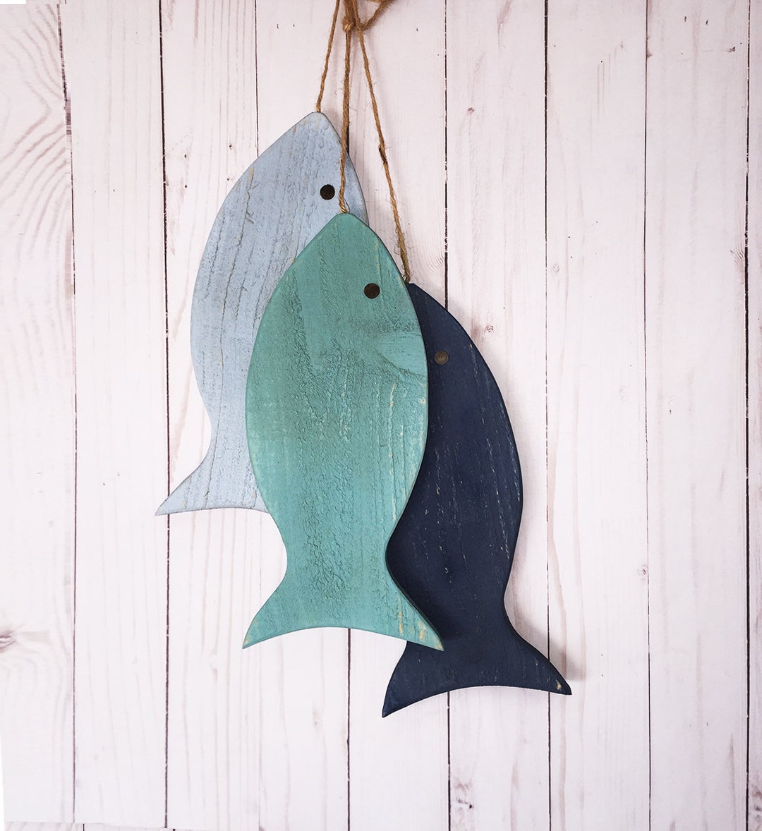 Rustic Wooden Fish, Wooden Rustic Fish, Painted String of Fish Wall