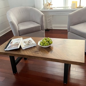 Rustic Herringbone Coffee Table with Chunky Metal Legs modern farmhouse style, rustic decor image 6
