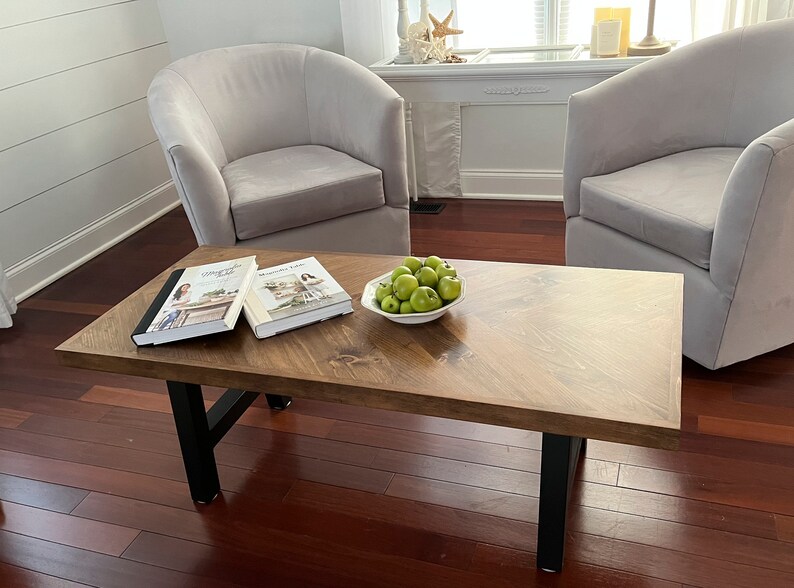 Rustic Herringbone Coffee Table with Chunky Metal Legs modern farmhouse style, rustic decor image 6