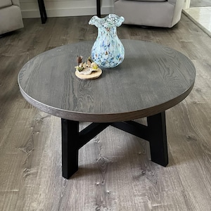 Mid-Century Modern Round Oak Coffee Table with Black Wood Base – Solid Wood, Farmhouse Living Room Furniture