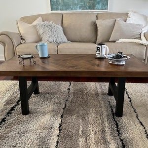 Rustic Herringbone Coffee Table with Chunky Metal Legs modern farmhouse style, rustic decor image 4