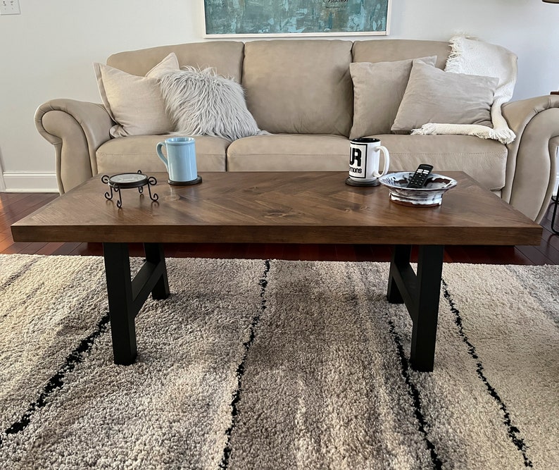 Rustic Herringbone Coffee Table with Chunky Metal Legs modern farmhouse style, rustic decor image 4