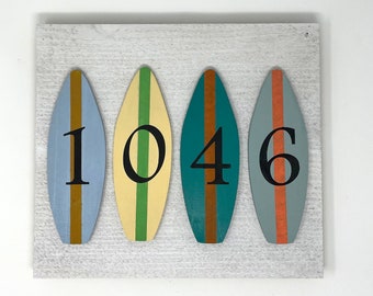 Custom Beach house number sign, Wood house numbers, SurfBoard Address plaque, House Numbers, Address signs, Wooden House numbers