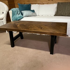 Rustic Herringbone Coffee Table with Chunky Metal Legs modern farmhouse style, rustic decor image 3