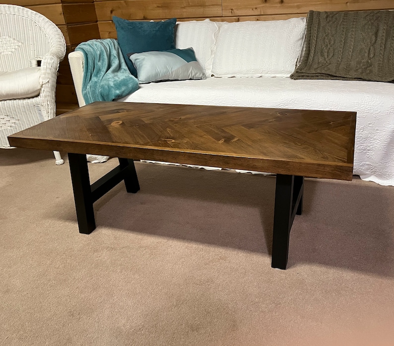 Rustic Herringbone Coffee Table with Chunky Metal Legs modern farmhouse style, rustic decor image 3