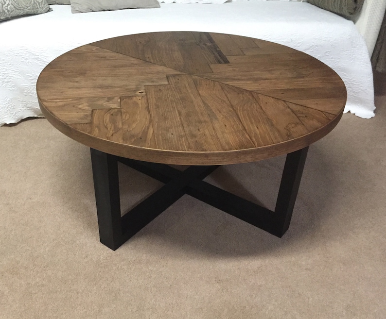 Round Rustic Wood Herringbone Pattern Coffee Table with Black Wood Legs 