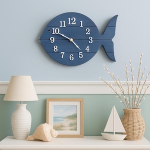 Rustic Painted Wood Fish Clock: Beach House Nautical Decor