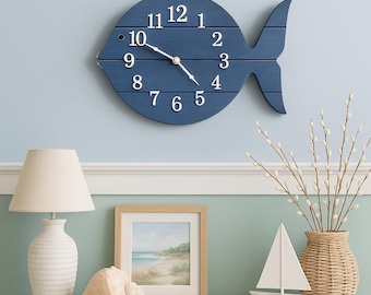 Rustic Painted Wood Fish Clock: Beach House Nautical Decor