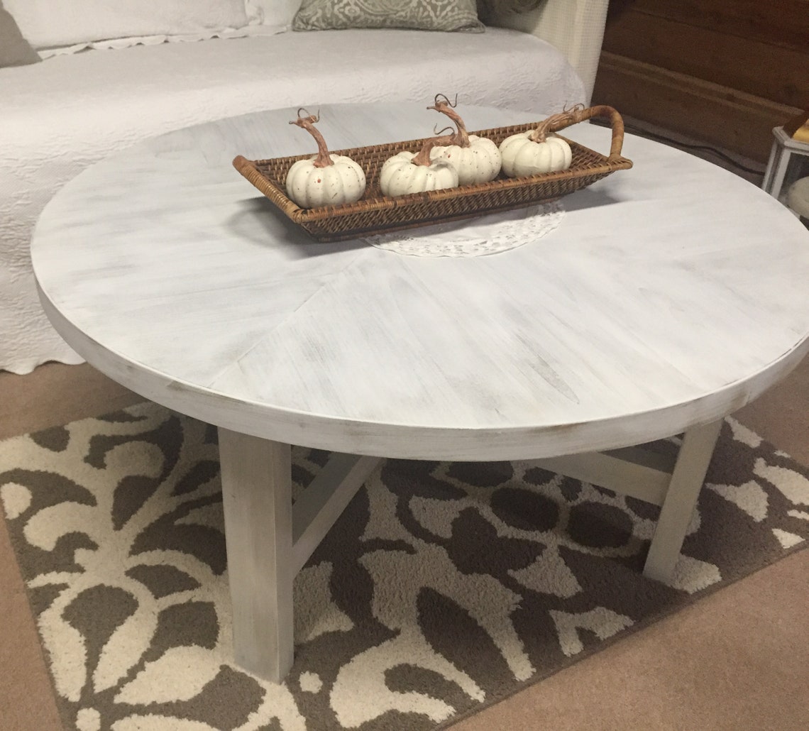Round Rustic Wood Herringbone Pattern Coffee Table With Black Etsy