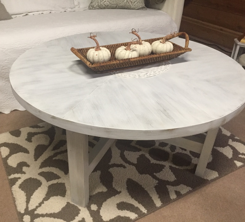 Round Rustic Wood Herringbone Pattern Coffee Table With Black Etsy