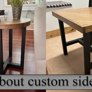 May include: Two side tables with black metal legs and wood tops. One table has a round top and the other has a square top with a chevron pattern. The text "Ask about custom side tables" is at the bottom of the image.