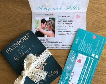 Passport wedding invitations with RSVP and Boarding pass.PDF download printable .Invitación de boda pasaporte.editar e imprimir.party prints