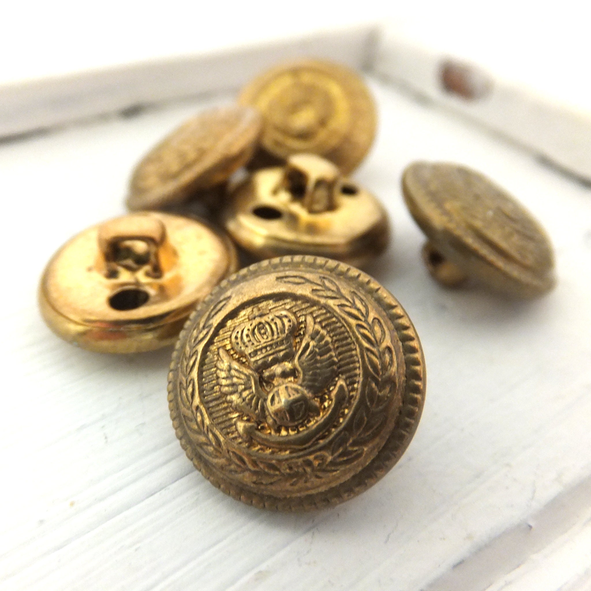 Embossed tiny brass buttons with shank and crest of crown and Etsy
