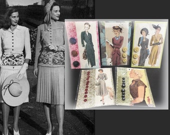 Five to Choose From!  Vintage Buttons in Decorative Packets Featuring Stylish Women Wearing Vintage Fashion