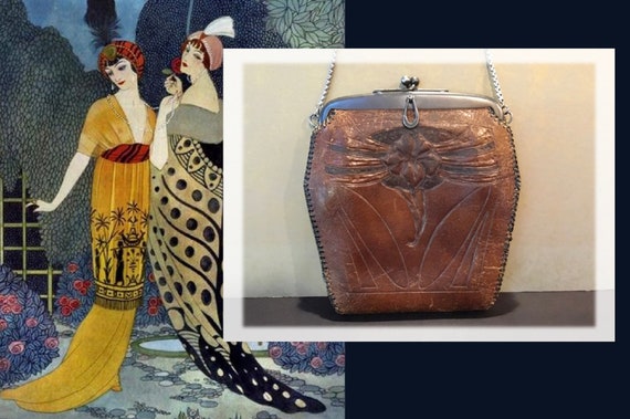 Stunning Art Nouveau Kaser Tooled Leather Purse Silver Chain with JEMCO Frame and Turnloc Clasp, As Found