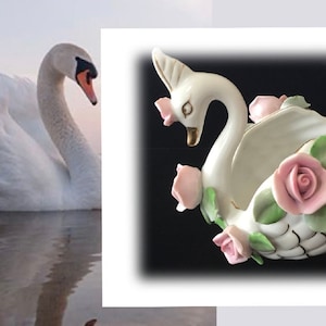 Pretty Vintage White Porcelain Swan Figurine Trinket Dish, Embellished with Hand Painted Porcelain Flowers, Made in Japan