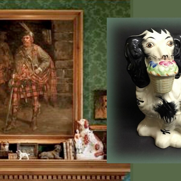 Handsome Vintage Staffordshire Black and White Cavalier King Charles Spaniel Figurine Holding Flower Basket in Mouth, Flea Market Treasure