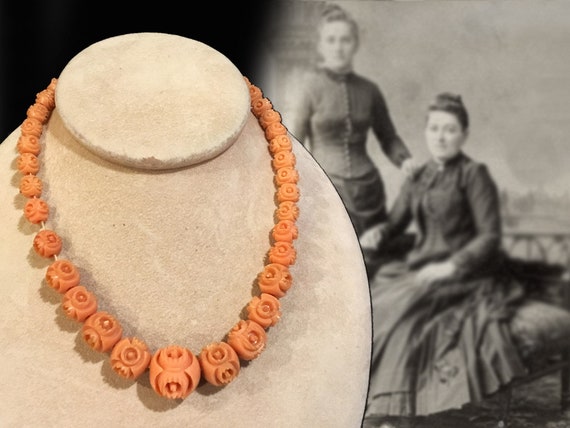 Elegant Coral Colored Carved Celluloid Victorian … - image 1