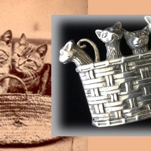 Adorable Vintage Sterling Silver Kitty Cats in a Basket Brooch, Found at Antiques Flea Market in Florida