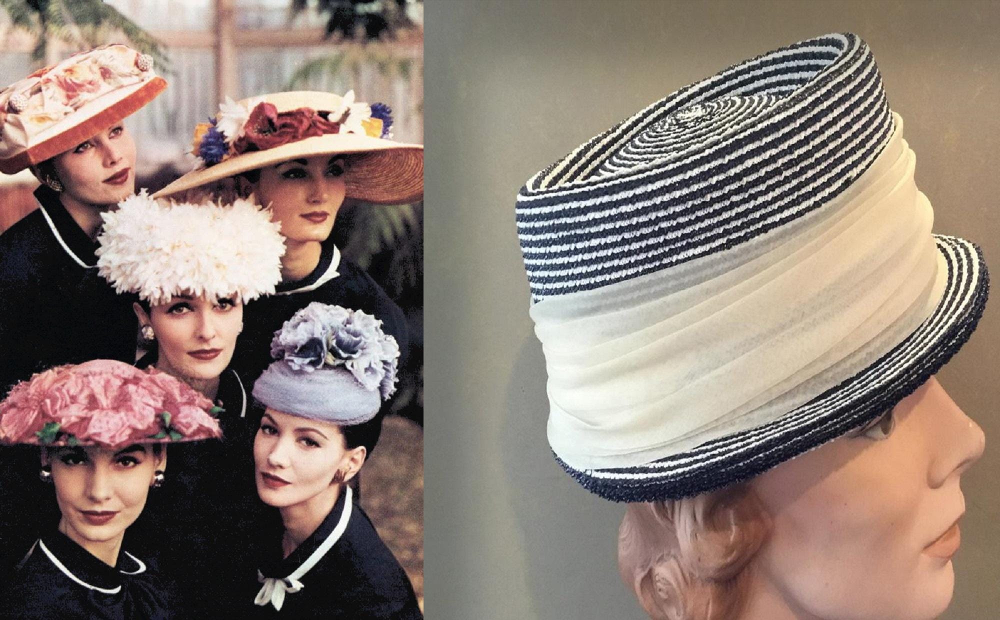 1960s Striped Straw Hat: Midcentury Black & White Chiffon  display picture 2