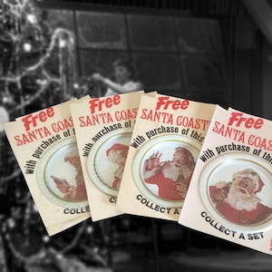 Rare Set of 4 Vintage Santa Claus Coca Cola Tin Coasters on Original Cards, 1983 image 1