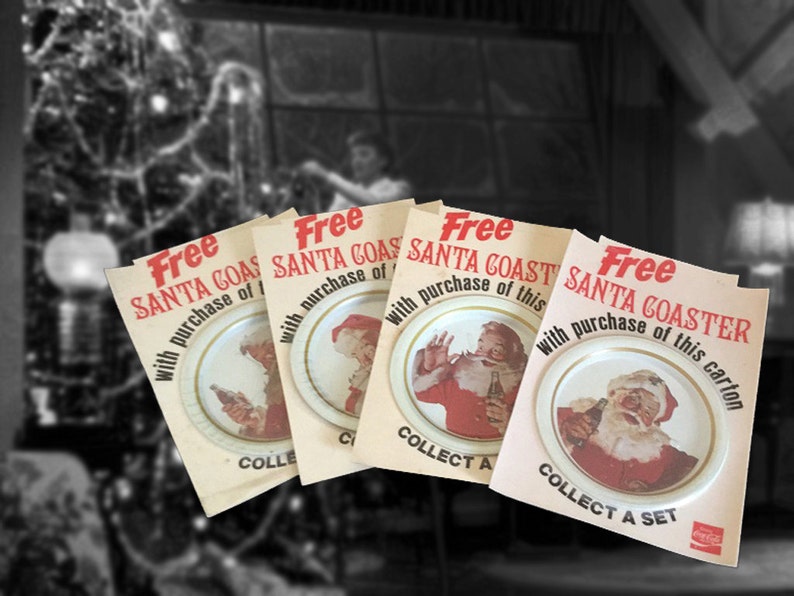 Rare Set of 4 Vintage Santa Claus Coca Cola Tin Coasters on Original Cards, 1983 image 1