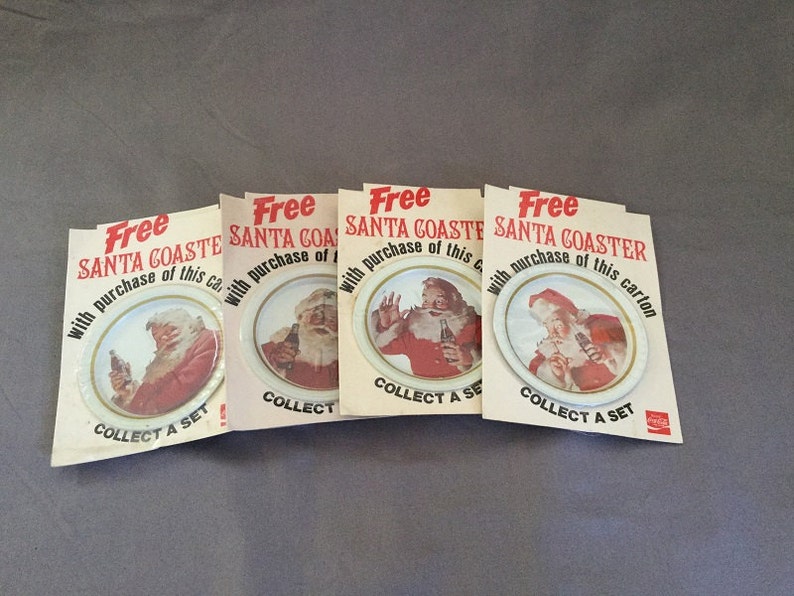 Rare Set of 4 Vintage Santa Claus Coca Cola Tin Coasters on Original Cards, 1983 image 4