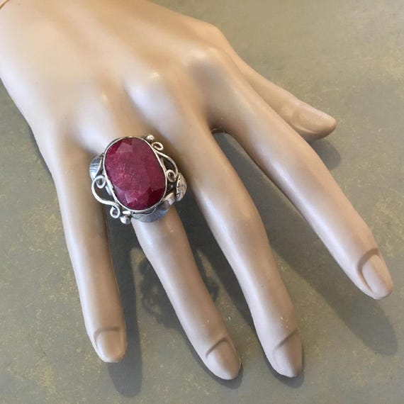 Ruby Statement Ring: Ornate Silver Tone, Size 9, … - image 2