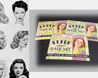 May include: Four vintage hair net packages with a woman's face on each. The packages are green, pink, and white with the text "ELITE GUARANTEED HAIR NET HAND MADE OF SELECTED HUMAN HAIR".