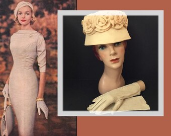 Fabulous Vintage Champagne Colored Chiffon Hat Embellished with Roses, Found in Central Oregon Estate