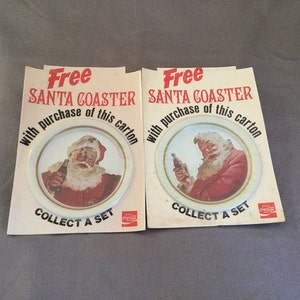 Rare Set of 4 Vintage Santa Claus Coca Cola Tin Coasters on Original Cards, 1983 image 2