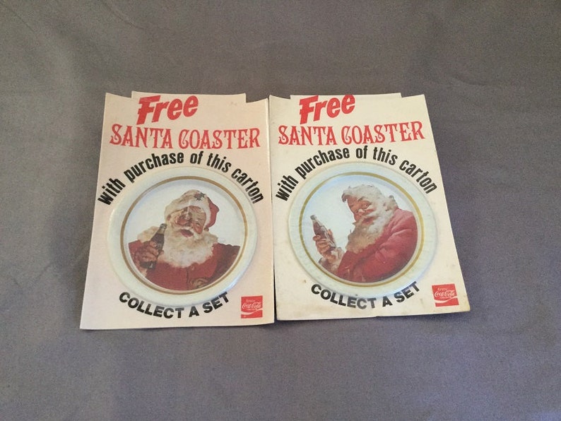 Rare Set of 4 Vintage Santa Claus Coca Cola Tin Coasters on Original Cards, 1983 image 2