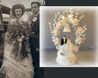Romantic Vintage Chalk Ware Wedding Cake Topper With Floral Arbor and Wedding Bell, As Found in Central Oregon Estate, Circa 1950s