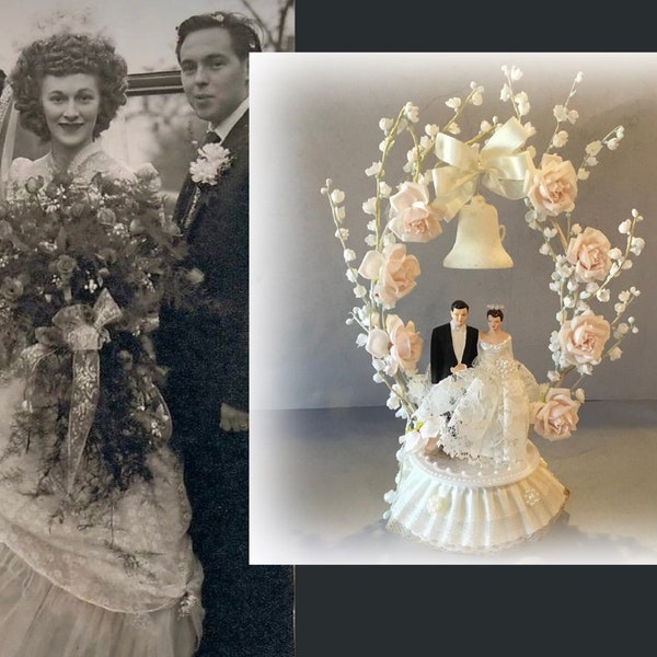 Romantic Vintage Chalk Ware Wedding Cake Topper With Floral Arbor and Wedding Bell, As Found in Central Oregon Estate, Circa 1950s