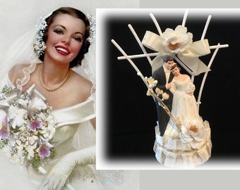 Vintage Wedding Cake Topper with Hand Painted Chalk Ware Bride and Groom Standing Before Floral Decorated Arbor, As Found in Portland Estate