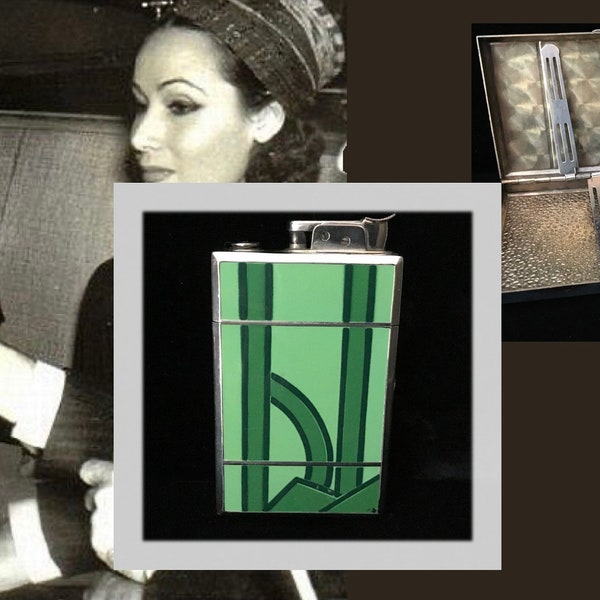 Old Hollywood Glamour! Striking Green Enamel Art Deco Inspired Cigarette Case & Lighter Combination, As Found in Quebec Antiques Flea Market