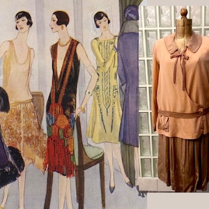 May include: An illustration of women in flapper dresses and coats, with a vintage peach-colored dress on a mannequin. The dress has a brown collar, tie, and belt, with two pockets. The illustration features women in various dresses.