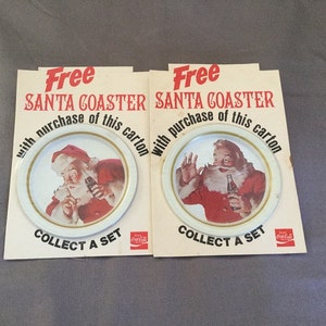 Rare Set of 4 Vintage Santa Claus Coca Cola Tin Coasters on Original Cards, 1983 image 3