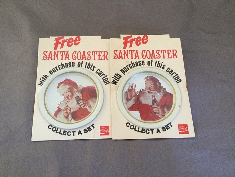 Rare Set of 4 Vintage Santa Claus Coca Cola Tin Coasters on Original Cards, 1983 image 3