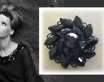 Stunning Vintage Jet Black Rhinestone Floral Brooch, Found at Antiques Flea Market in Montreal, Quebec