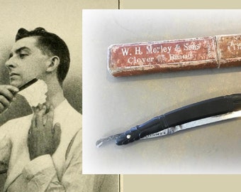 Handsome Vintage Black Carved Celluloid "Clover" Straight Razor with Original Box, Manufactured by W.H. Morley & Sons, Made in Germany