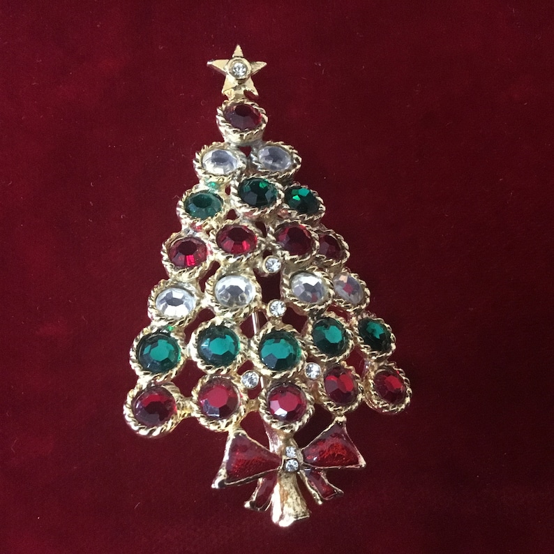 Clear and Green Rhinestone Ornaments Gold Star Topper Sparkling Vintage Gold Tone Christmas Tree Brooch With Red /& Red Rhinestone Bow